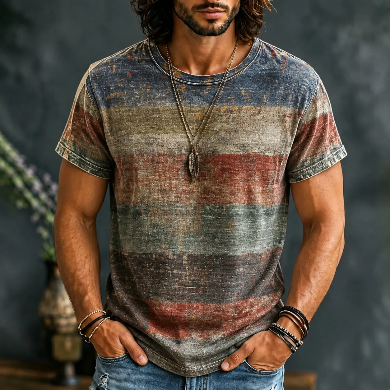Vintage Horizontal Stripe Color Block Printed T-shirt