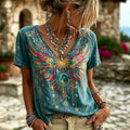 Hippie Washed Teal Colorful Phoenix Wing Sun Moon Embroidery Star Casual Top For Women