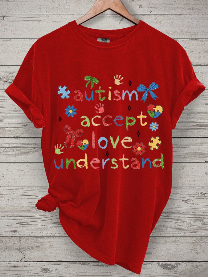 Women's Accept Love Understand Autism Awareness Printed Short-Sleeved T-Shirt