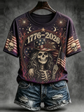 Women's Crewneck Short Sleeve T-shirt Featuring 1776-2026 Patriotic Skeleton Woman And Flag