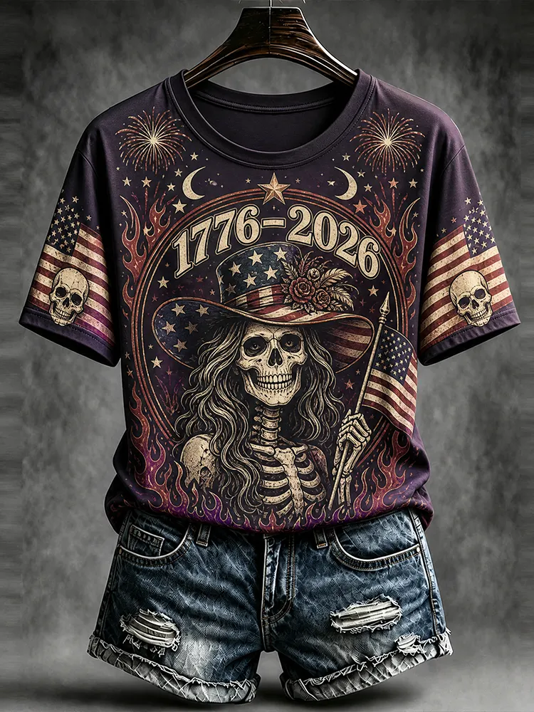 Women's Crewneck Short Sleeve T-shirt Featuring 1776-2026 Patriotic Skeleton Woman And Flag