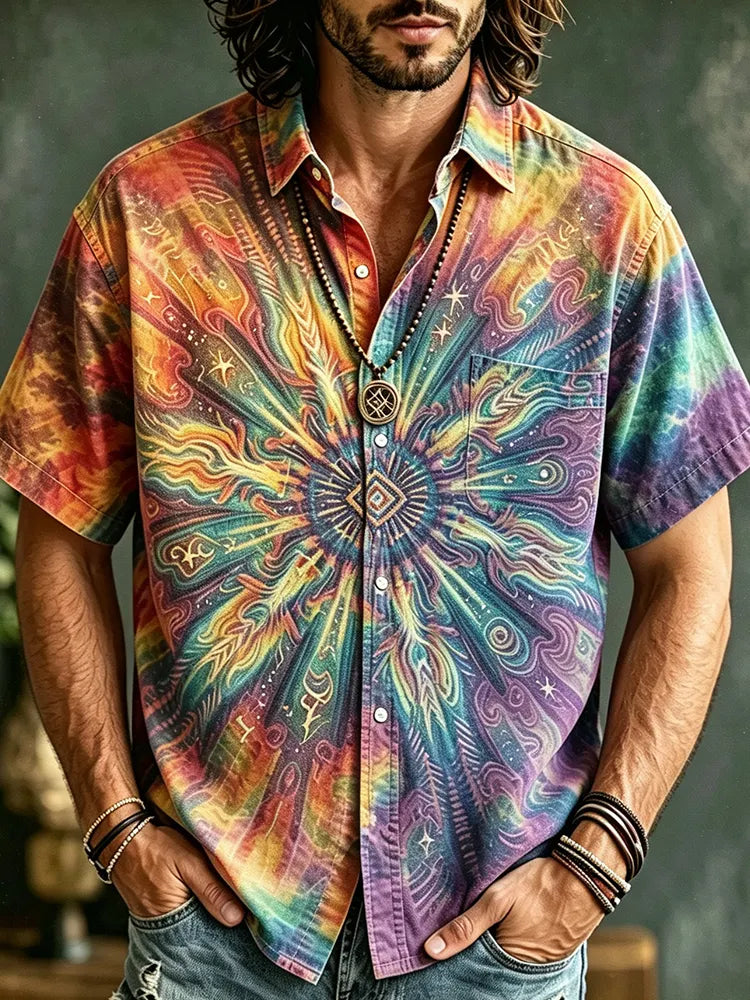Men's Bohemian-style Tie-dye Short-sleeved Button-down Shirt, Decorated With Sunburst Mandala And Geometric Patterns.