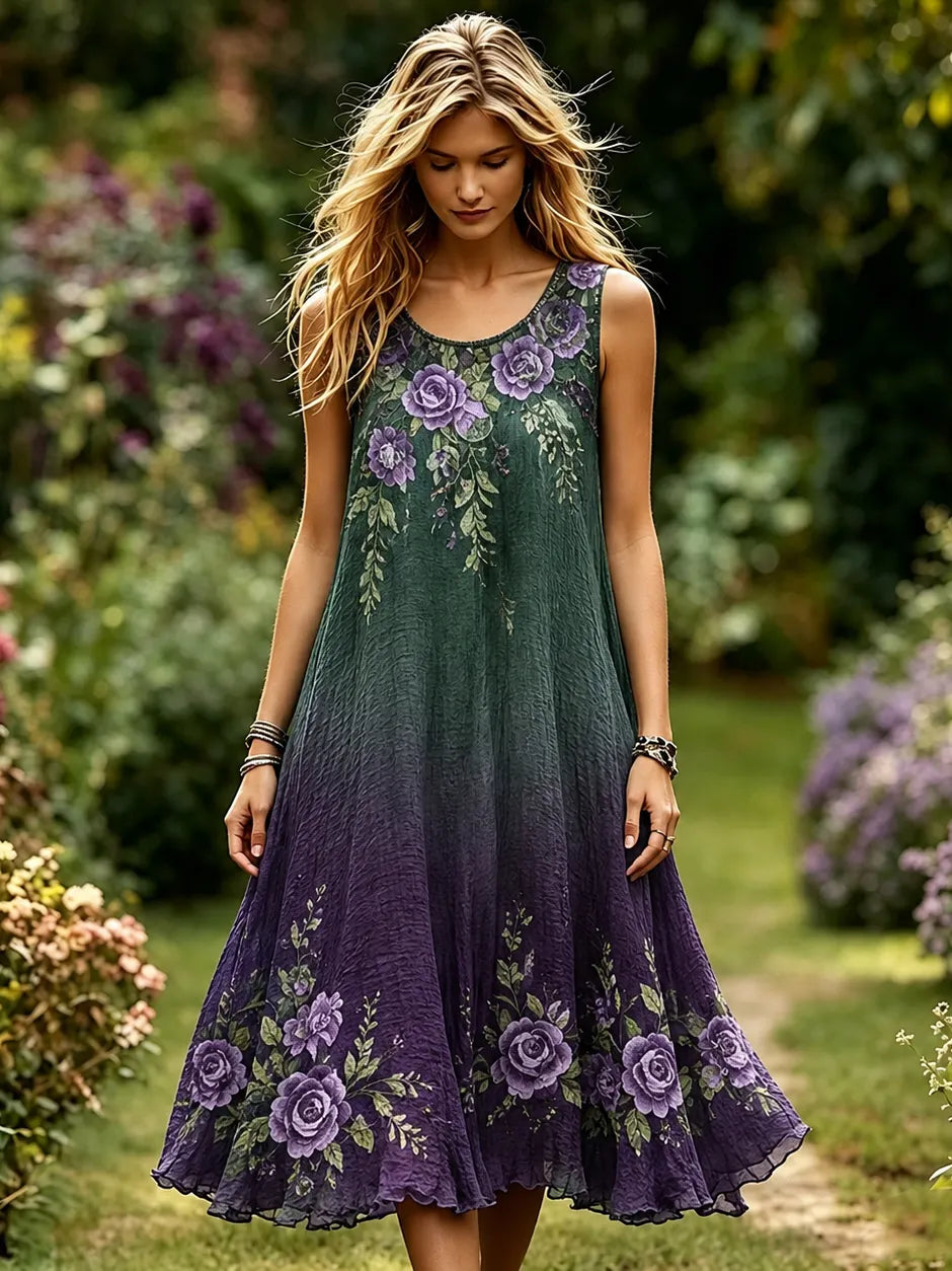 Women's Purple Rose Floral Gradient Pattern Casual Dress