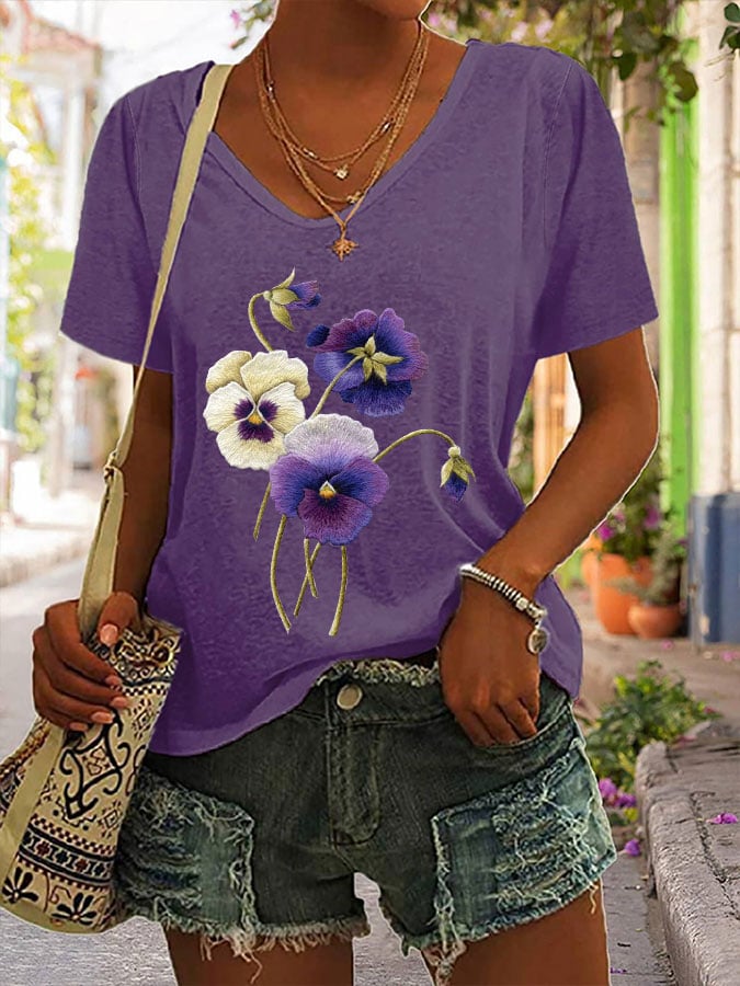 Women's Alzheimer's Purple Floral V-Neck T-Shirt