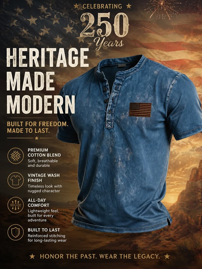 Men's Retro Patriotic Color-Block Short-Sleeve Henley T-Shirt