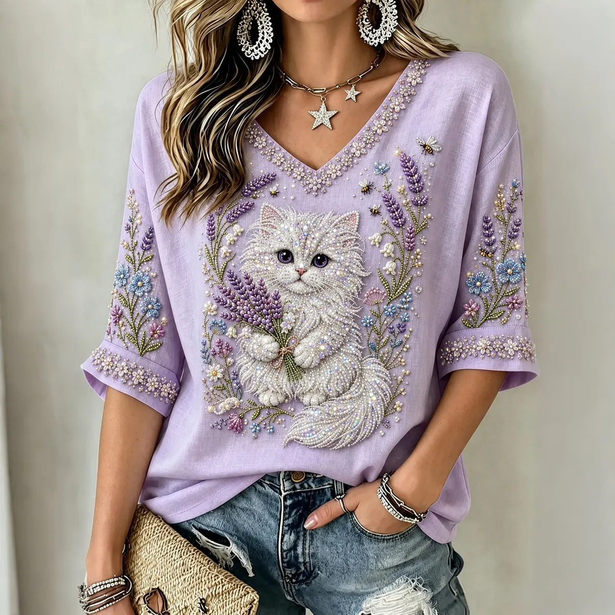 Women's Classy Purple Floral Cat Art Flowy Linen Blend Three Quarter Sleeves T-shirt