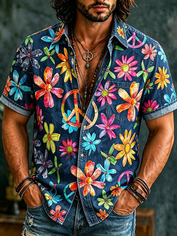 Men's Retro Hippie Peace With Floral Graffiti Art Pattern Casual Washed Shirt