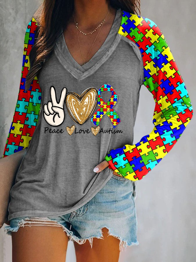 Women's Peace love Autism Printed V Neck Long Sleeve T-Shirt