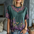 Women's Retro Floral Art Embroidery Cotton Linen Casual Round Neck T-shirt