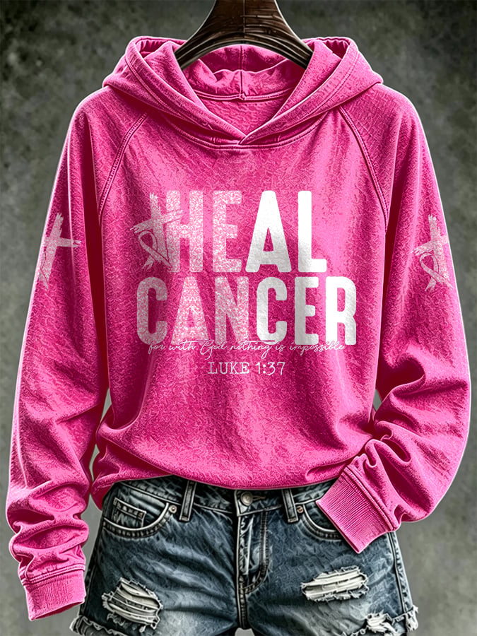 Retro Breast Cancer Awareness Heal Cancer: For With God Nothing Is Impossible Luke 1:37 Print Hoodie