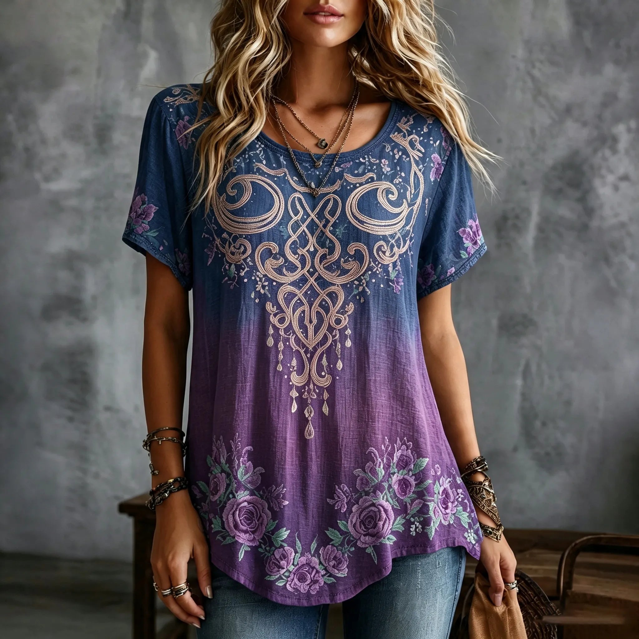 Women's Vintage Celtic Knot Floral Gradient Art Flowy Linen Blend Casual Tops