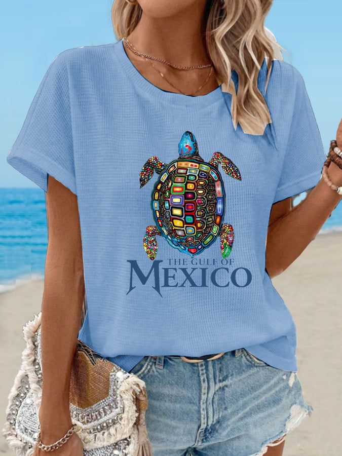 Women's Waffle Mexican Turtle Print T-Shirt