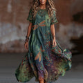 Women's Vintage Dragonfly Floral Gradient Art Flowy Linen Maxi Dress