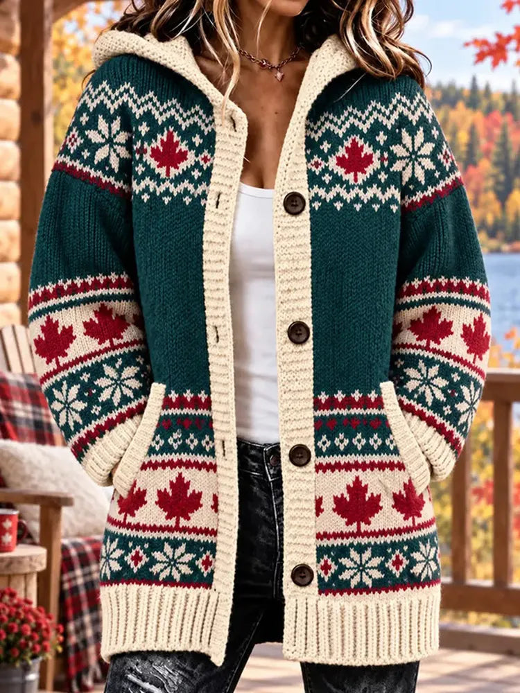 Women's Vintage Maple Leaf Pattern Color Blocking Print Knit Hooded Cardigan