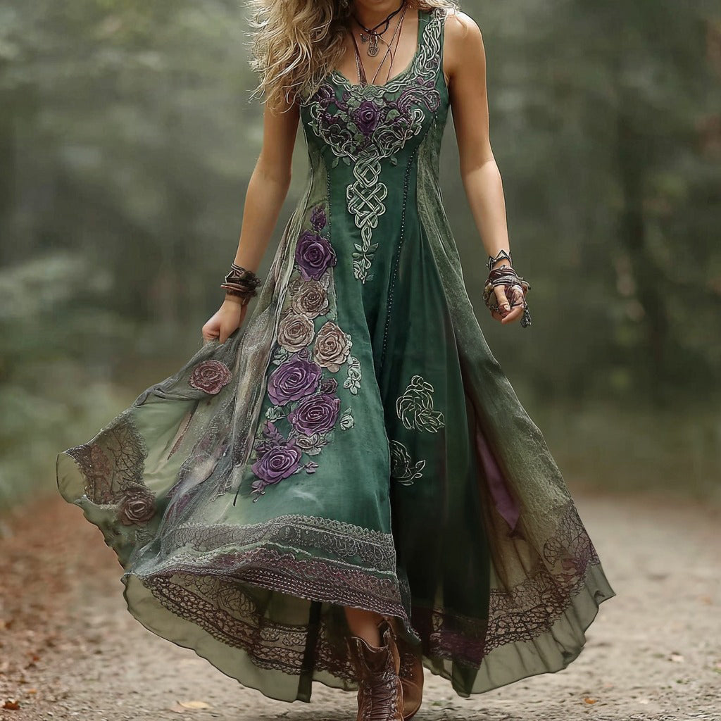 Women's Retro Viking Celtic And Purple Floral Patchwork Dress