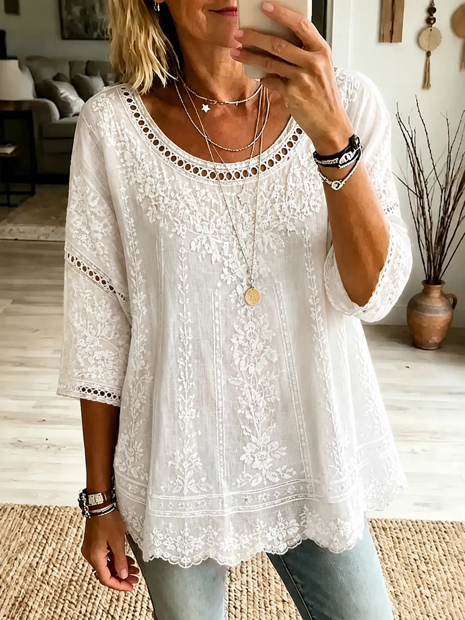 Women's Retro Floral Lace Embroidery Art Crew Neck Linen Blend T-shirt