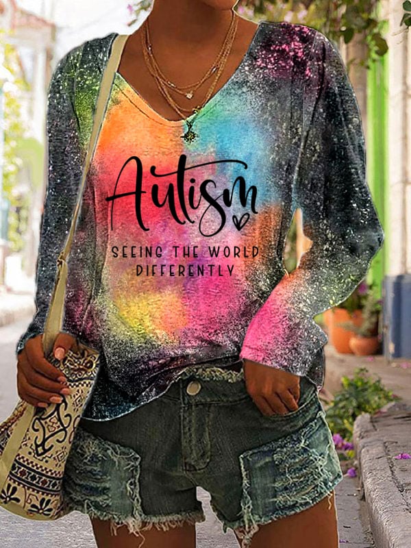 Women's Autism Seeing The World Differently Tie Dye V-Neck T-Shirt