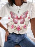 Women's Crew Neck Butterfly Breast Cancer Awareness Print T-Shirt