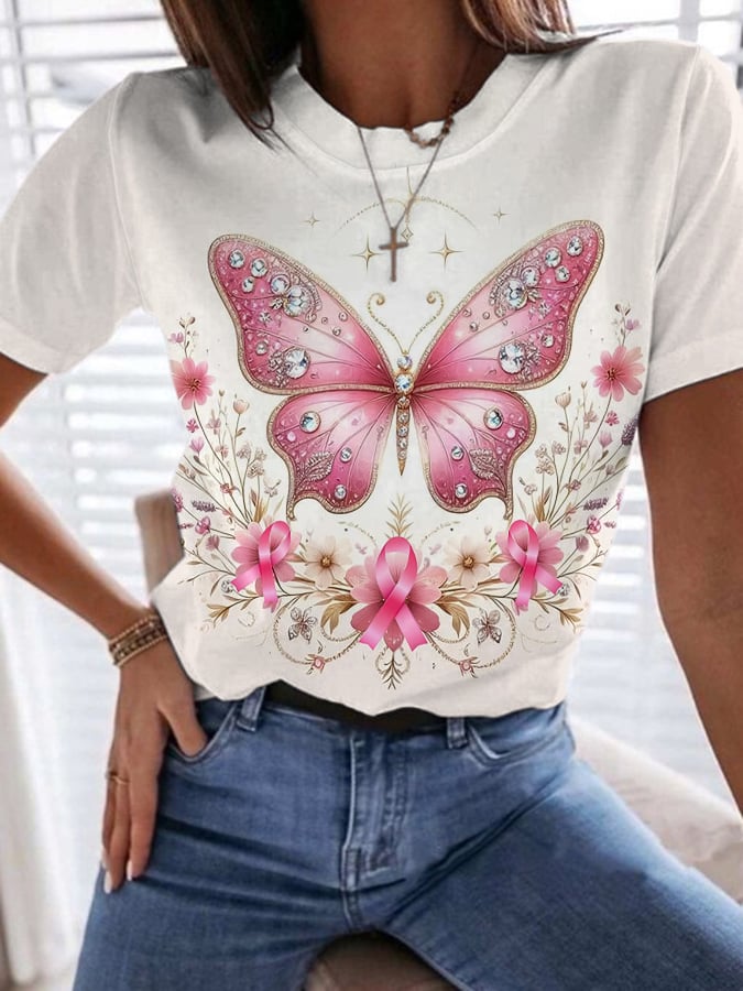 Women's Crew Neck Butterfly Breast Cancer Awareness Print T-Shirt