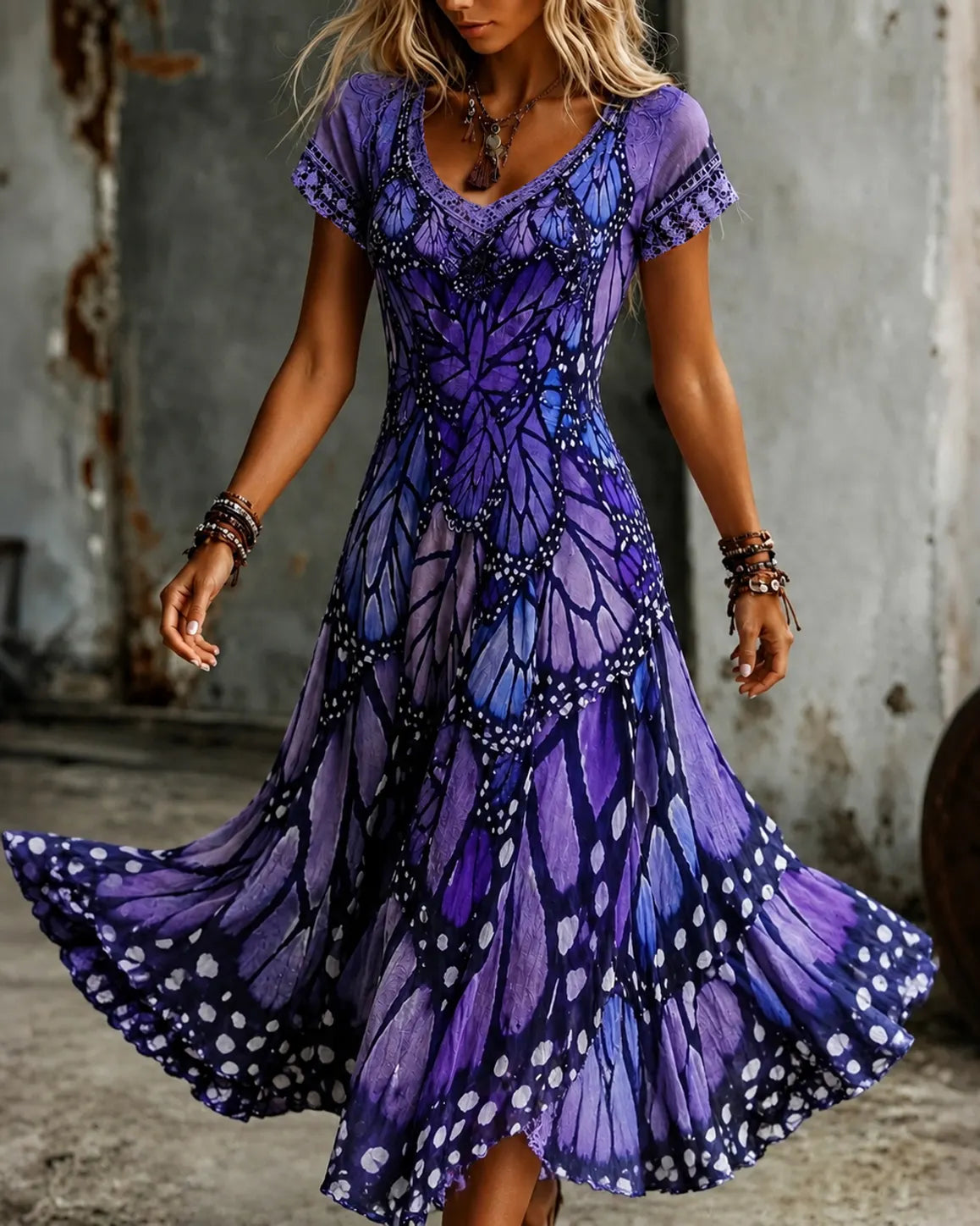 Women's Retro Butterfly Art Casual V Neck Short Sleeve Maxi Dress