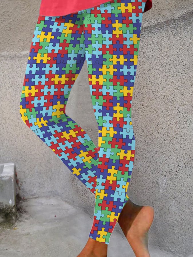 Autism Awareness Puzzle Pattern Print Leggings