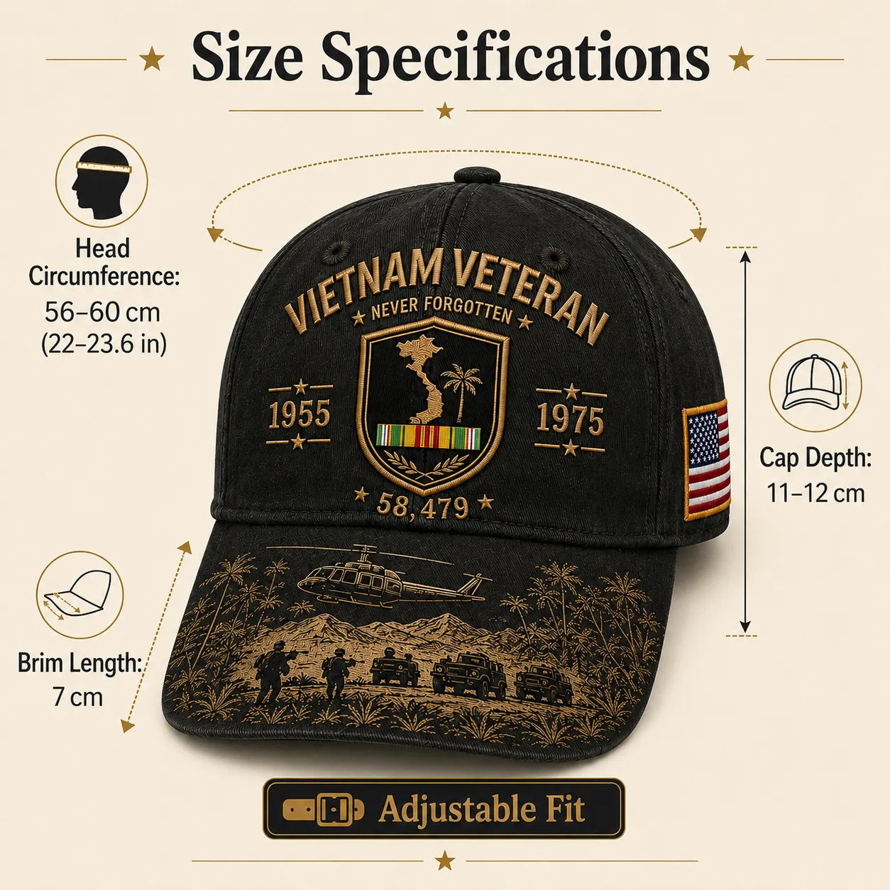 Vietnam Veteran Never Forgotten 1955–1975 Commemorative Cap 🇺🇸
