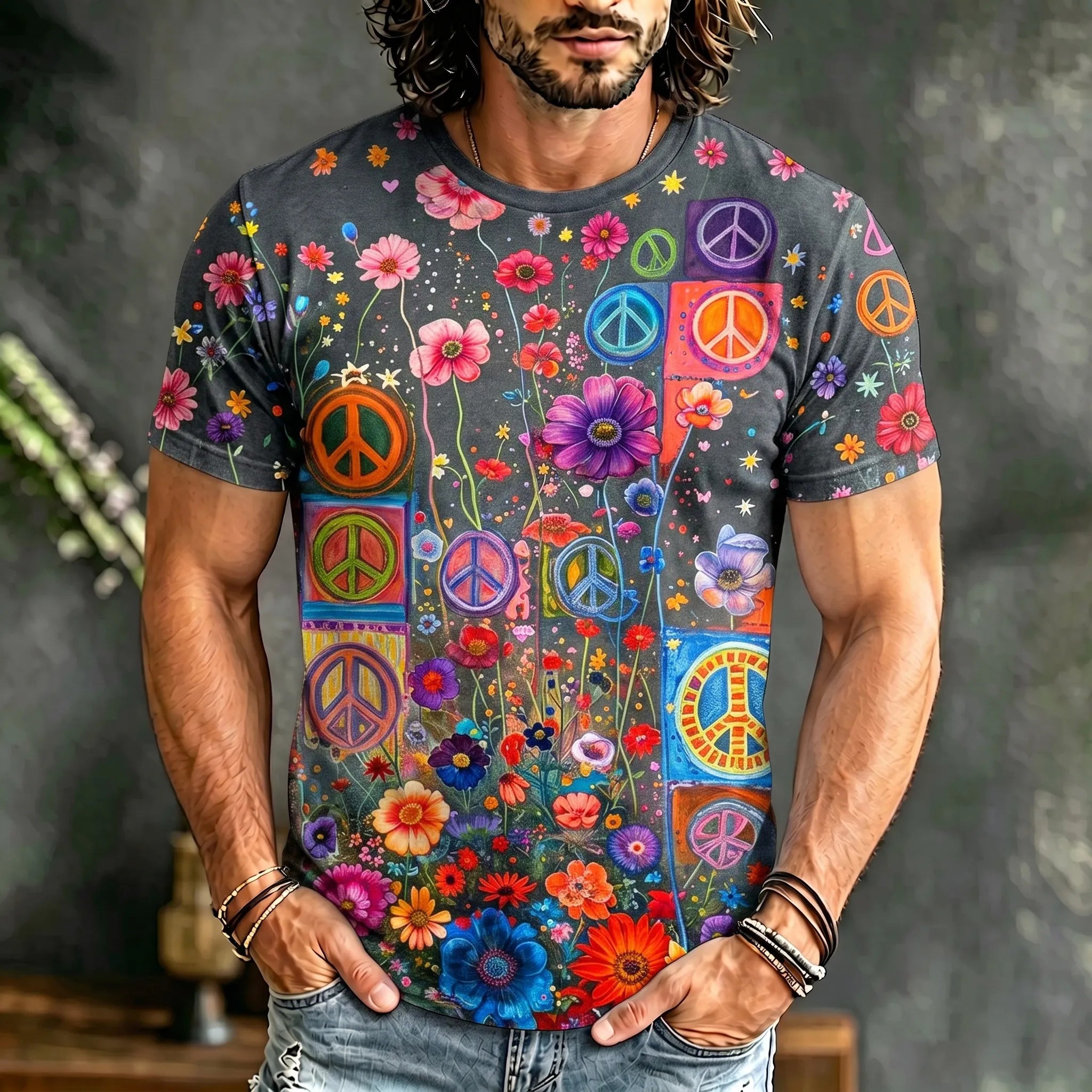 Men's Retro Hippie Peace Flower Print Crew Neck Short Sleeve T-shirt