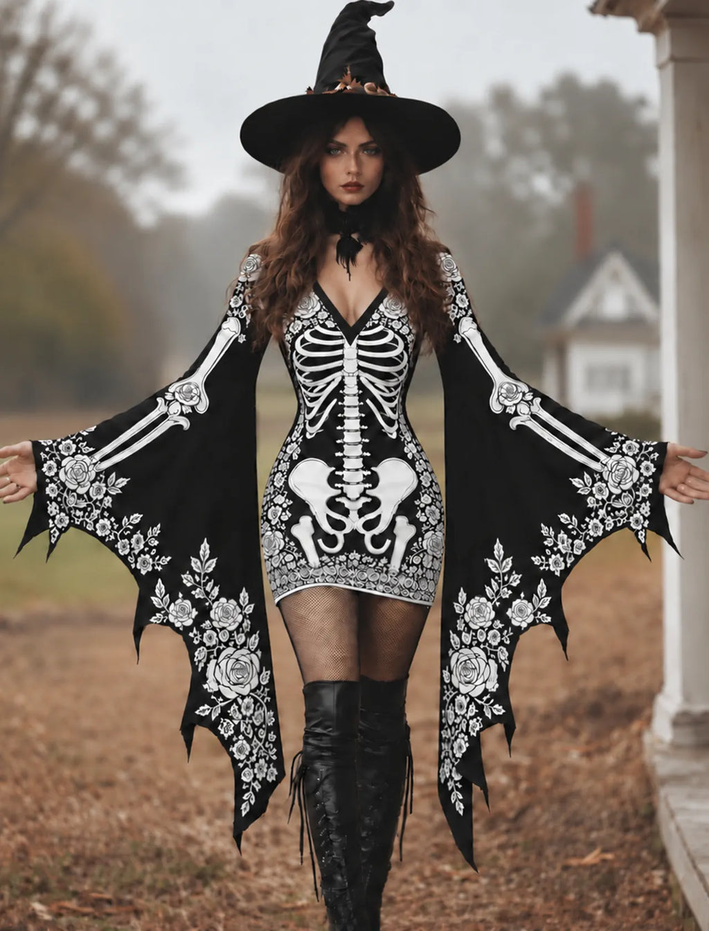 Women's Gothic Skeleton With White Roses Batwing Flare Sleeve Lace‐up Bodycon Dress – Halloween Costume
