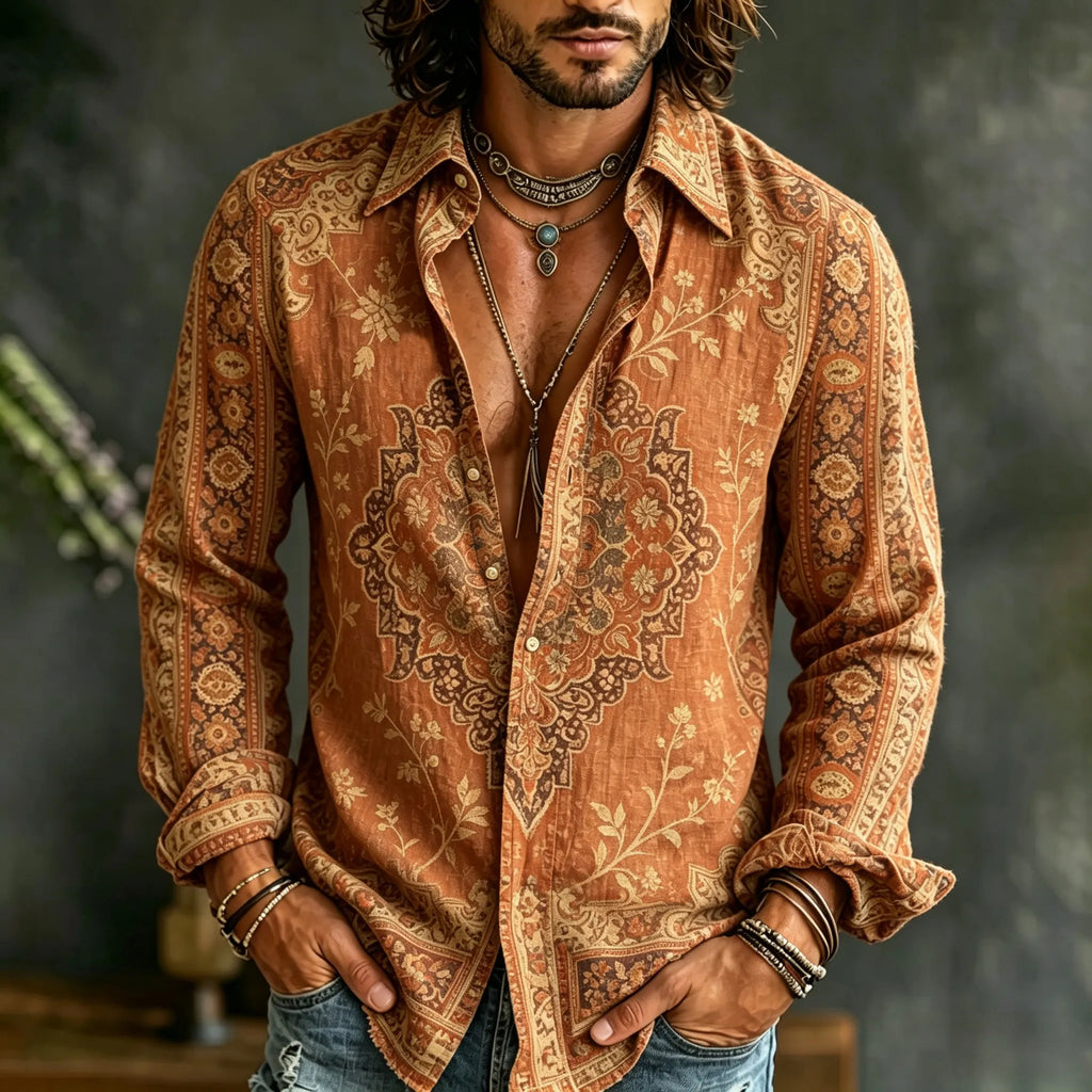 Men's Vintage Ethnic Geometry And Floral Print Flowy Linen Blend Casual Shirt