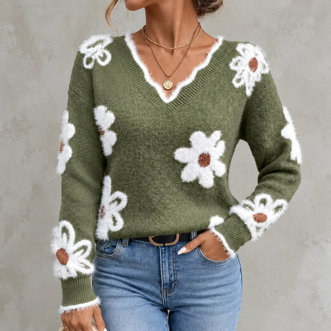 Elegant Floral Jacquard Knit V-neck Sweater