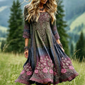 Women's Vintage Romantic Celtic Knot With Floral Art Linen Blend Three-quarter Sleeve Maxi Dress