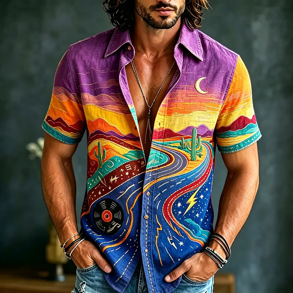 Men's Colorful Short-sleeved Shirt, Decorated With Desert Highway, Cactus And Vinyl Record Patterns.