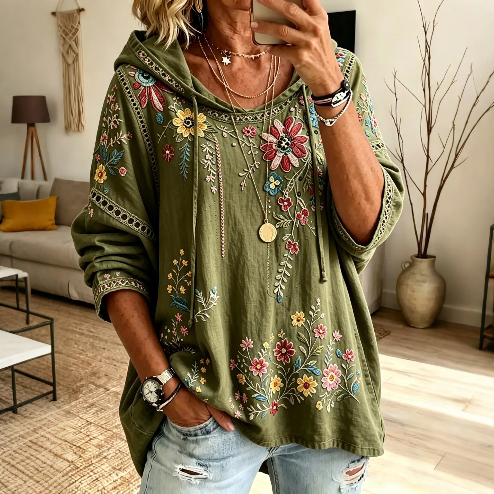 Women's Retro Floral Design Vacation Cotton Linen Hooded Top