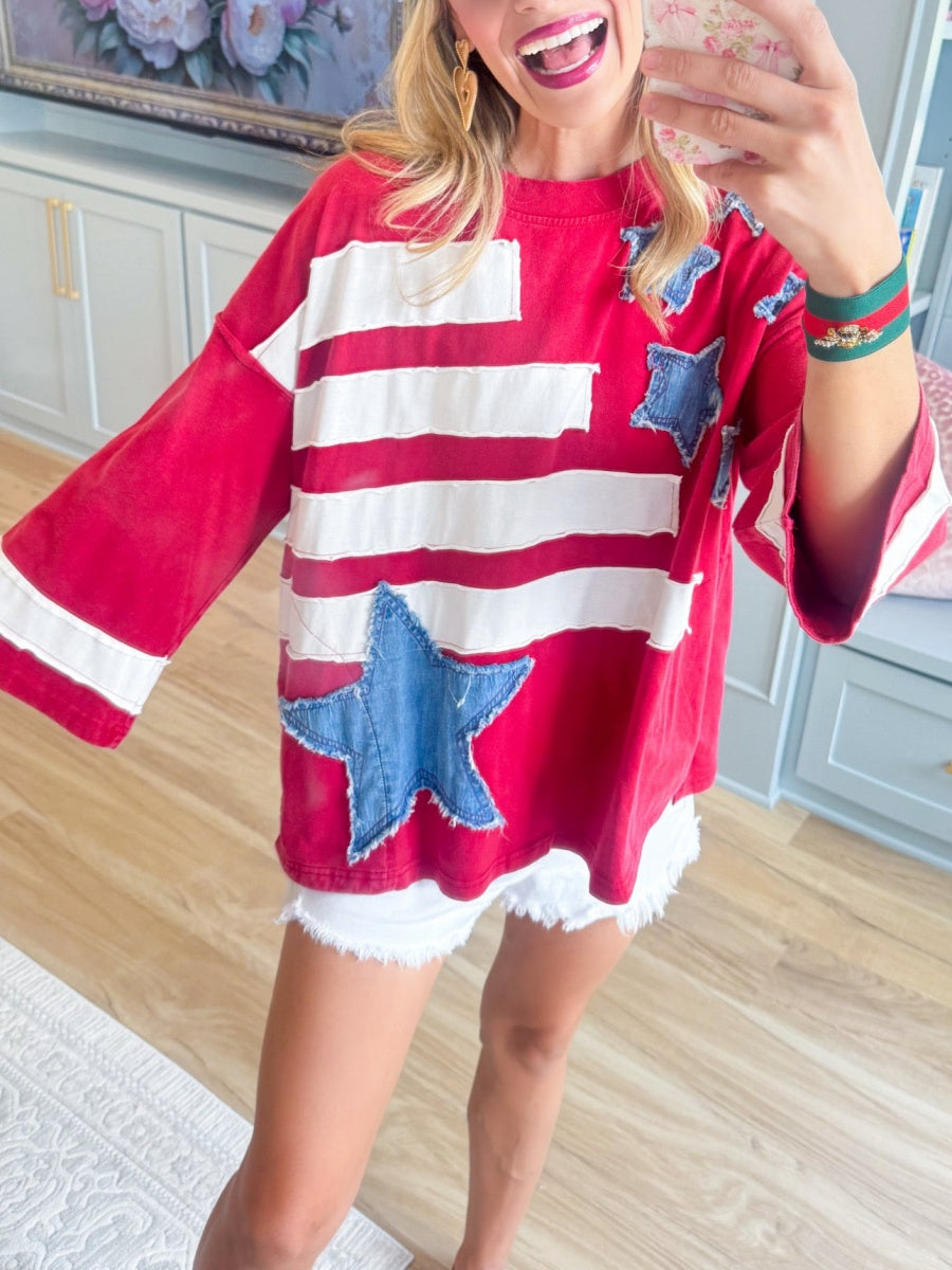 Vintage Red White Stripe Star Applied Patriot Oversized Hoodie