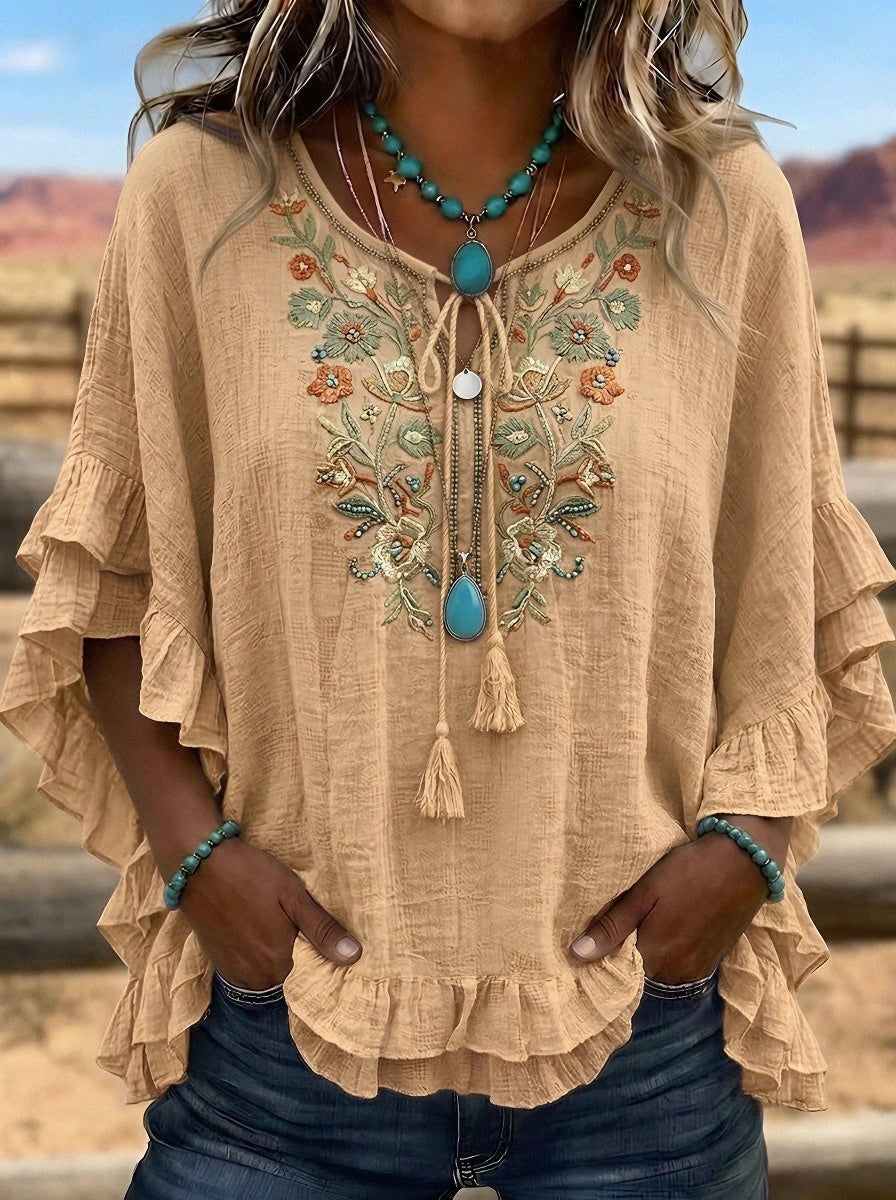 Women's Western Vintage Floral Embroidered Ruffle Printed Top