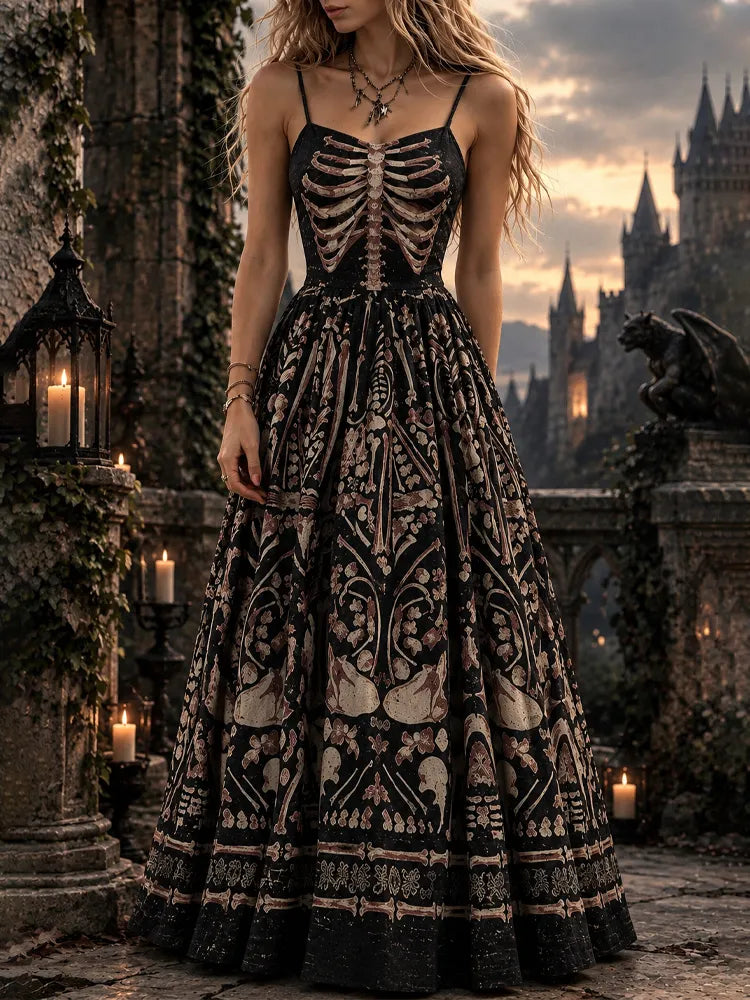 Girl's Halloween Skeleton Pattern Gothic Style Dress