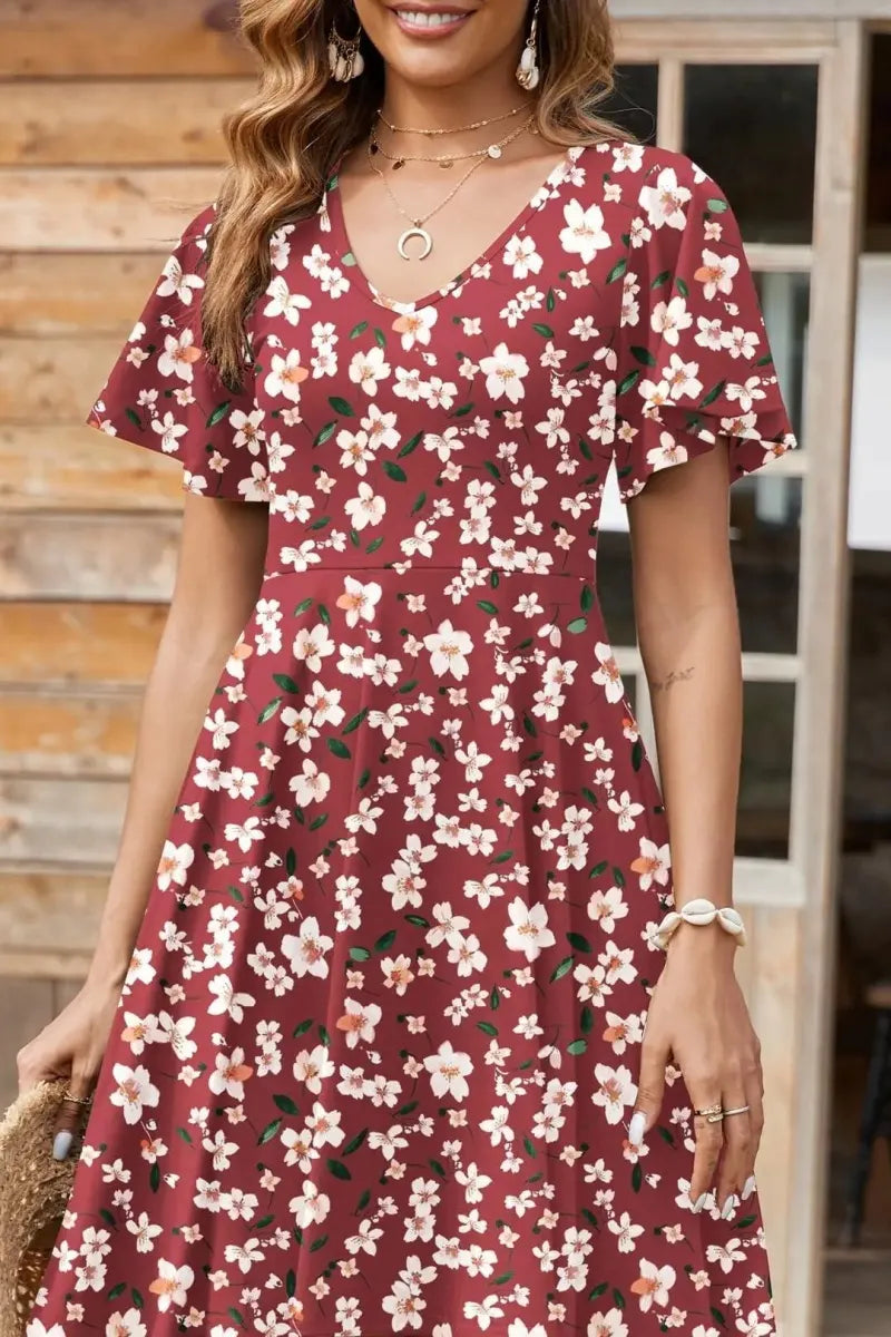 Womens Summer Dress Casual Swing Floral Ruffle Short Sleeve Sundresses Beach Mini A-Line Shift Dress