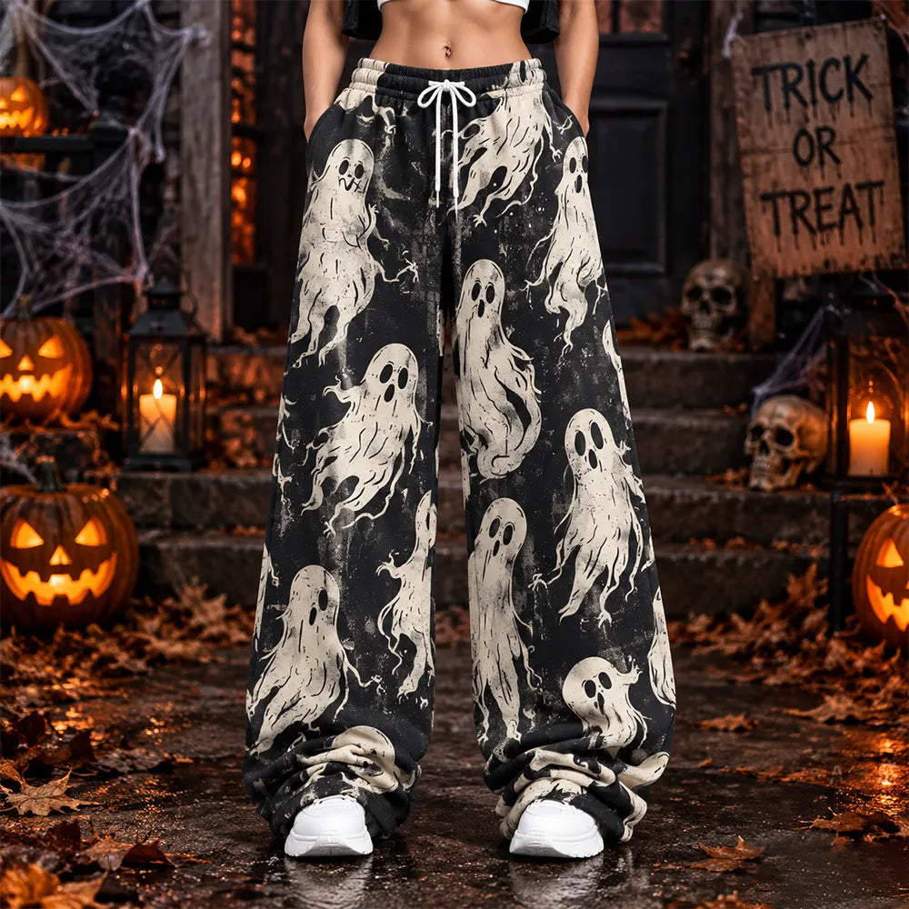 Women's Halloween Spooky Ghost Pattern Casual Loose Drawstring Sweatpants