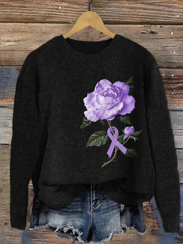 Alzheimer's Purple Rose Embroidered Cozy Knit Sweater