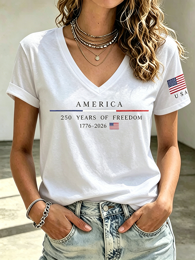 250Th Anniversary American Embroidery Commemorative V-Neck Short Sleeved T-Shirt