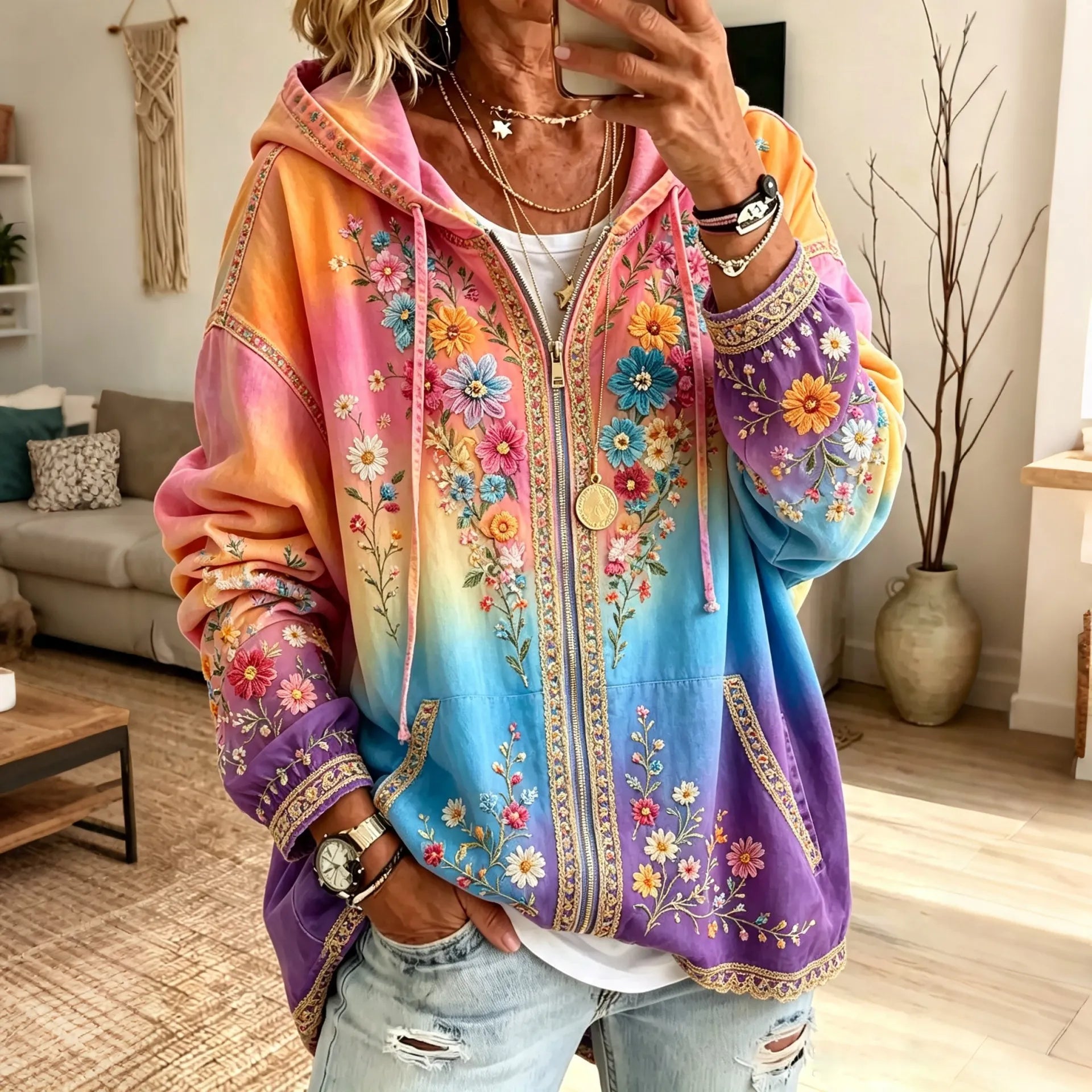 Women's Resort Tie-dye Floral Vintage Zip-up Hoodie