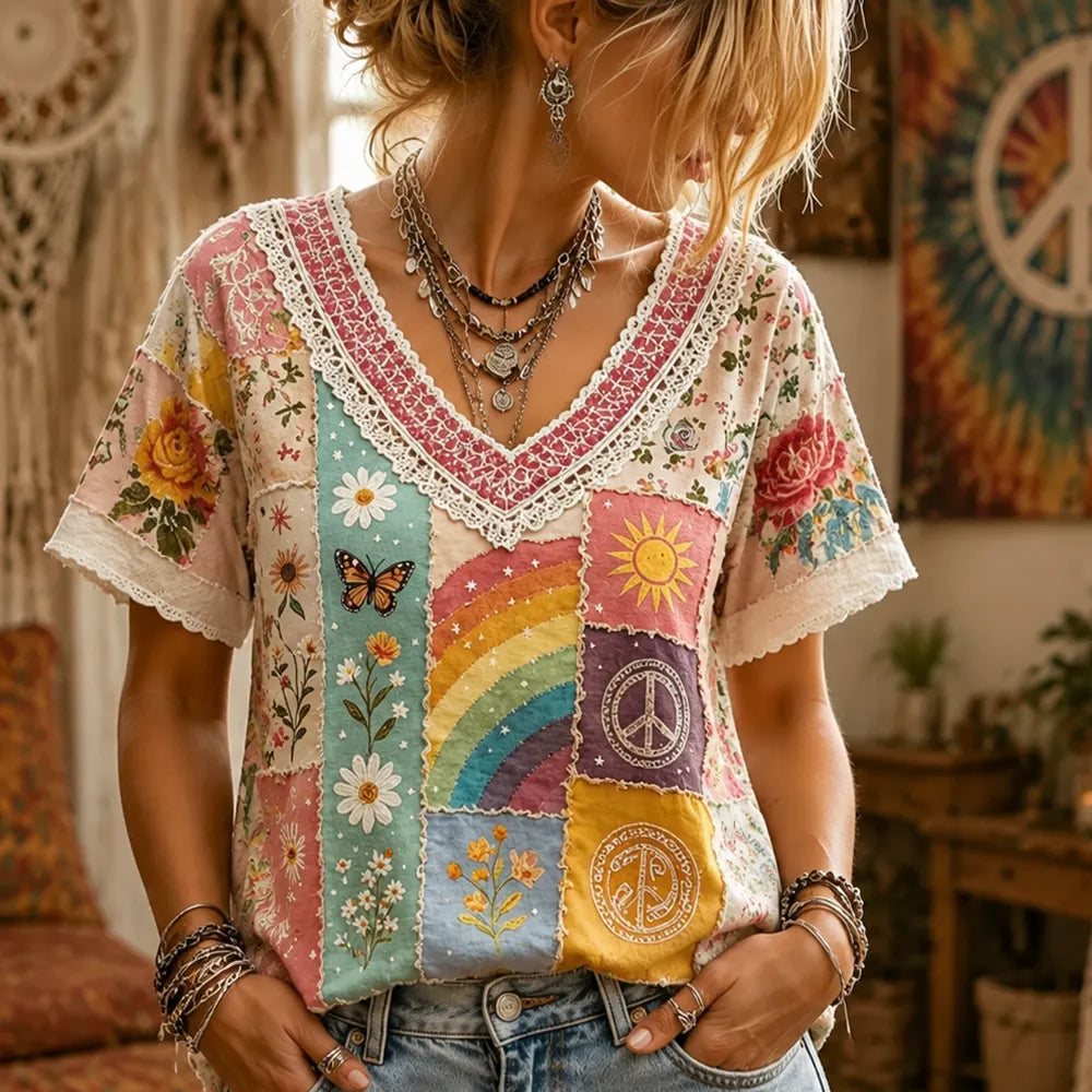 Women's Boho Patchwork V-neck Short Sleeve T-shirt With Rainbow, Butterfly, And Floral Print