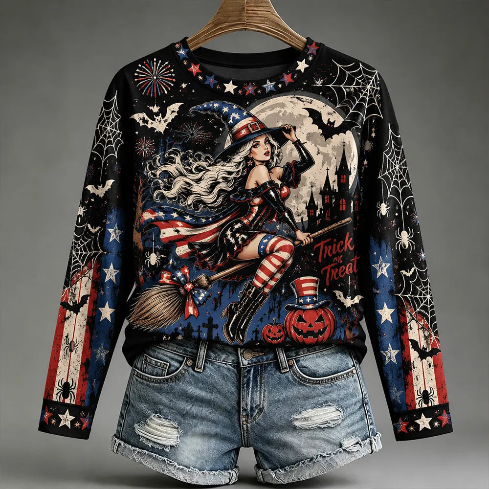 Women's Halloween Witch Riding A Broomstick And American Art Print Crewneck Long Sleeve T-shirt