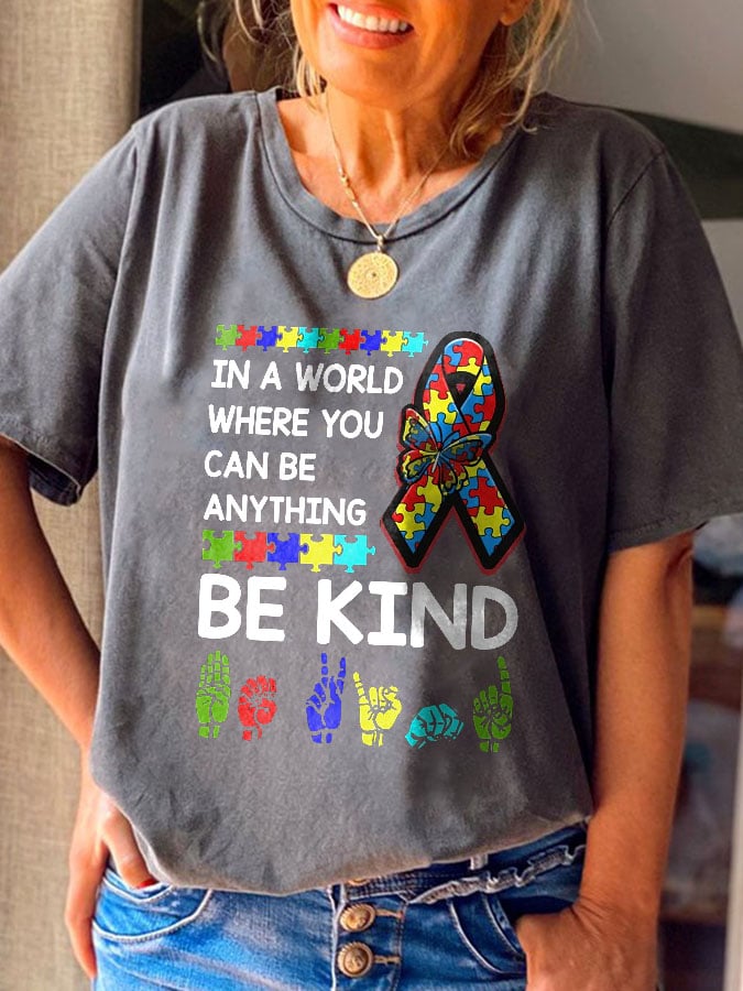 Vintage Autism Awareness In A World Where You Can Be Anything Be Kind Print T-Shirt