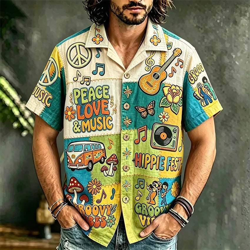 Men's Hippie Style Peace Love Music Patchwork Art Print Casual Shirt