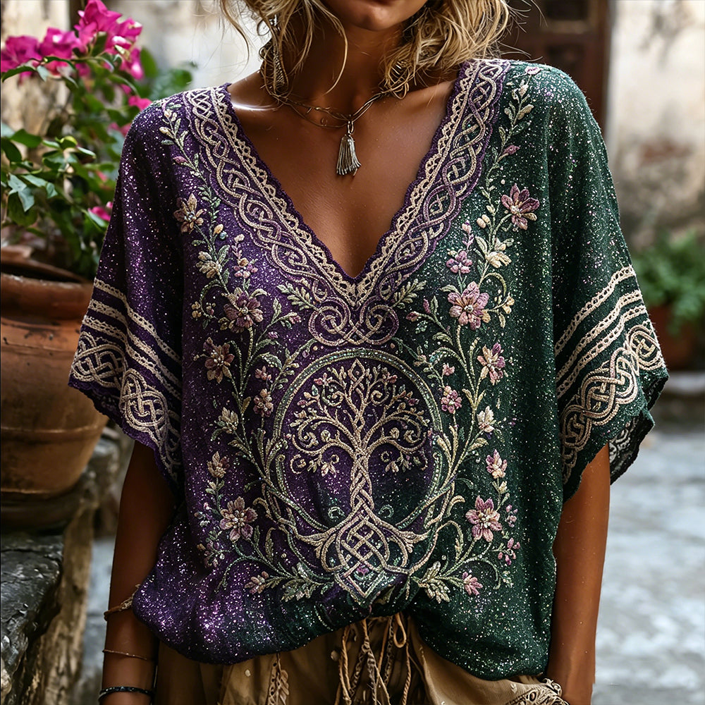 Vintage Viking Tree Of Life And Celtic Knot Color Block Sequin Washed Casual V-neck Short Sleeve Top