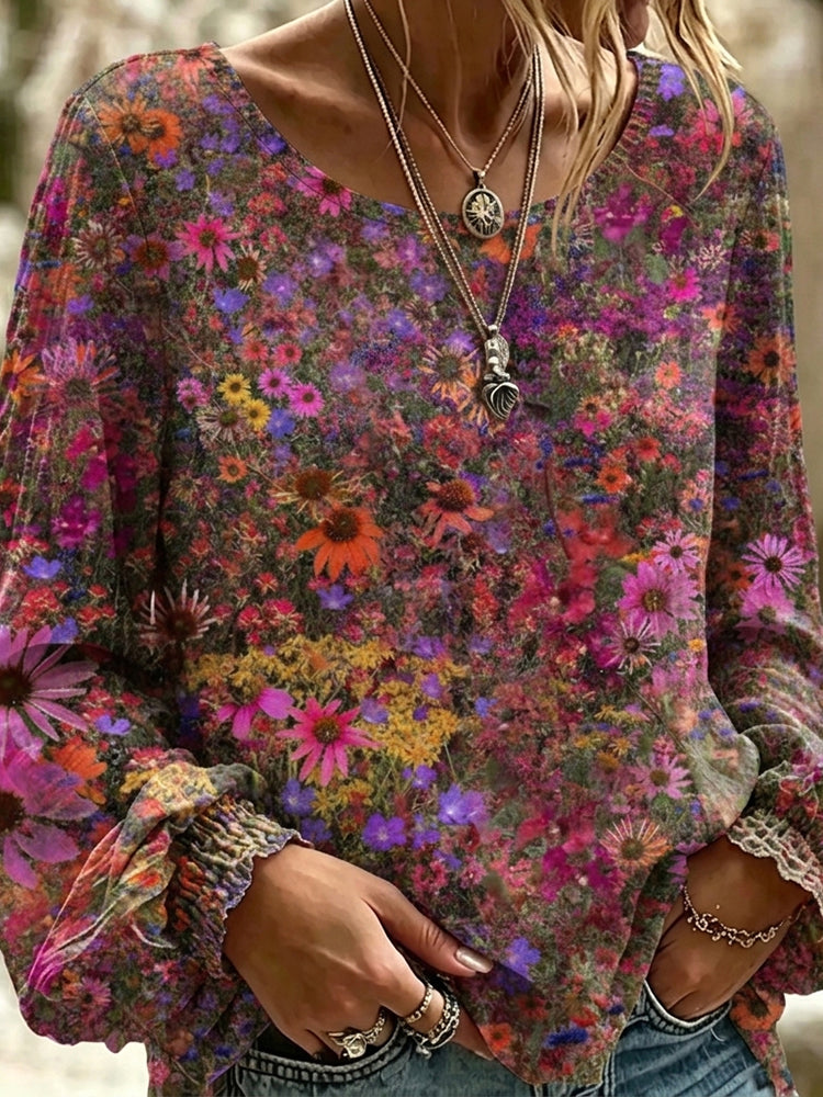 Women's Retro Bohemian Floral Pattern Casual T-shirt