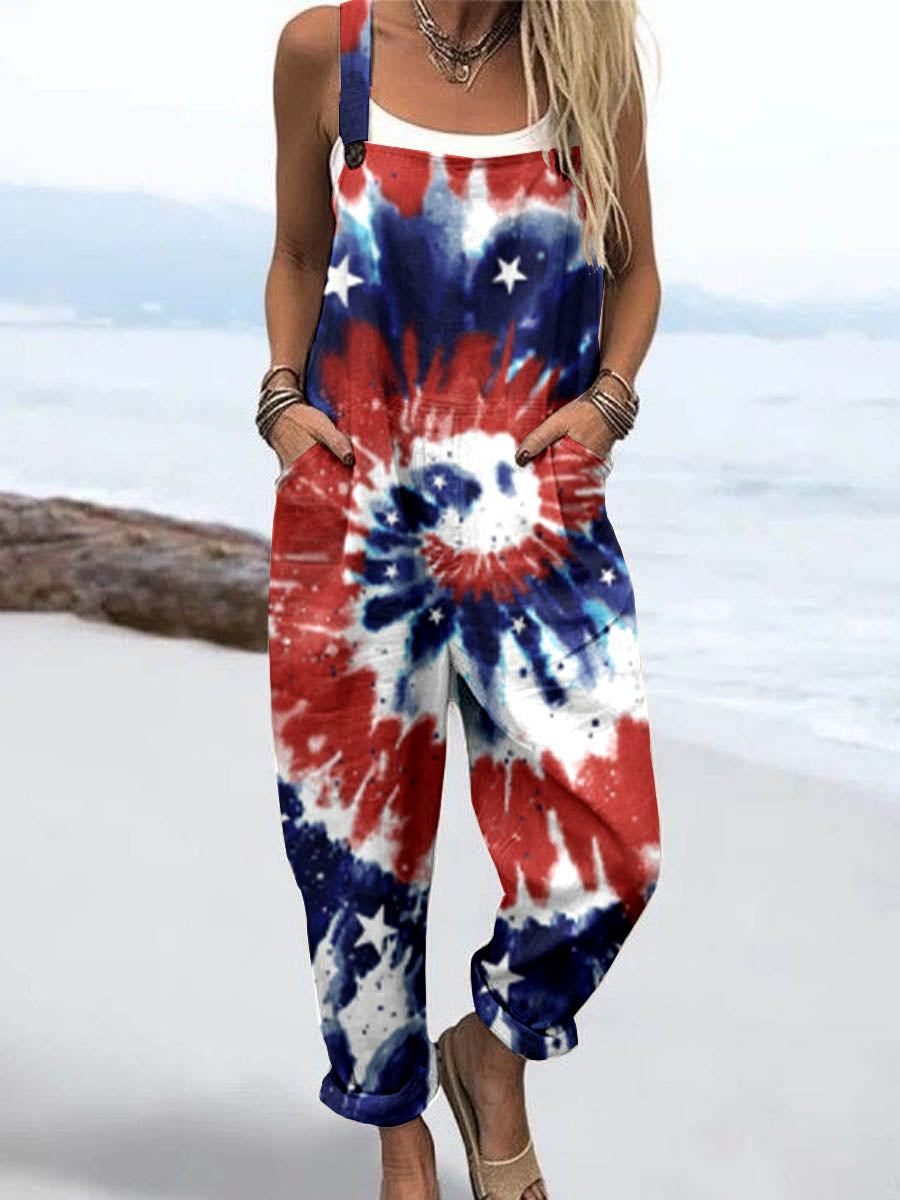 Wome'S American Flag Tie Dye Pattern Print Casual Cotton Wide Leg Jumpsuit