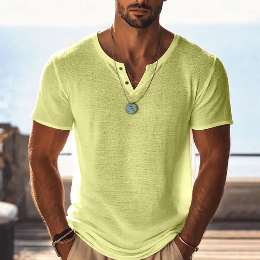 Men's Cotton Linen  Short Sleeve V Neck  T-Shirt