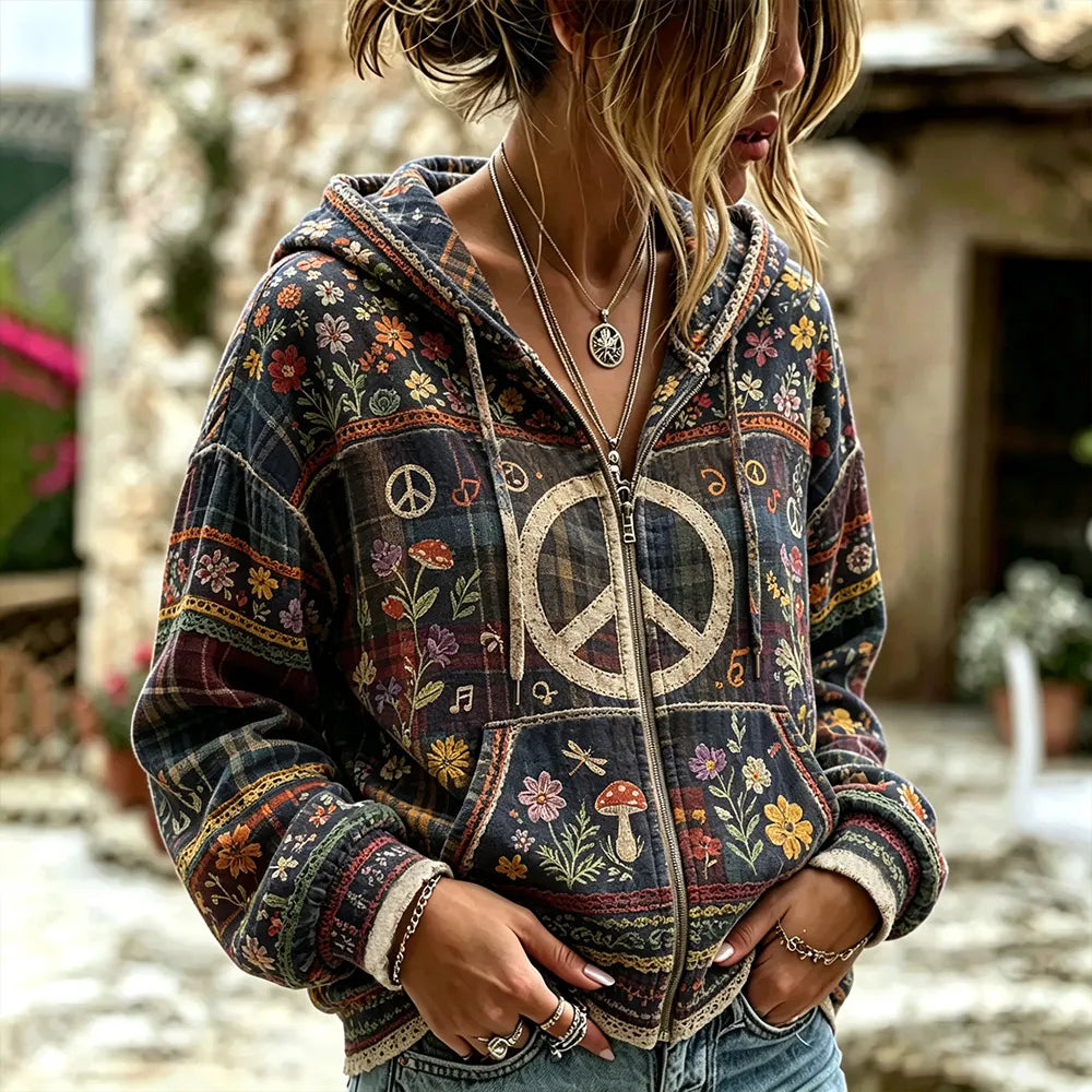 Women's Vintage Floral And Peace Symbol Art Plaid Casual Hoodie